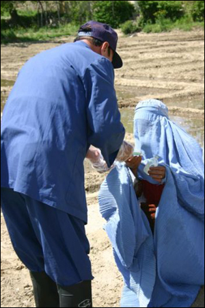 moman farmer receiving medicine